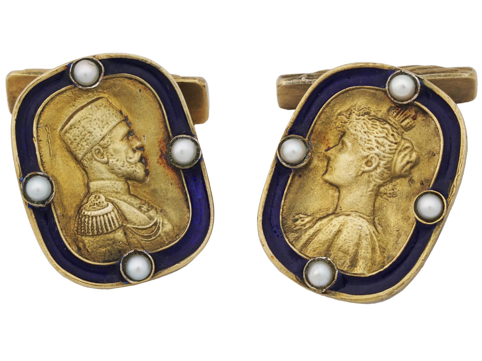 RUSSIAN GILT SILVER ENAMEL NICHOLAS II CUFFLINKS PIC-0